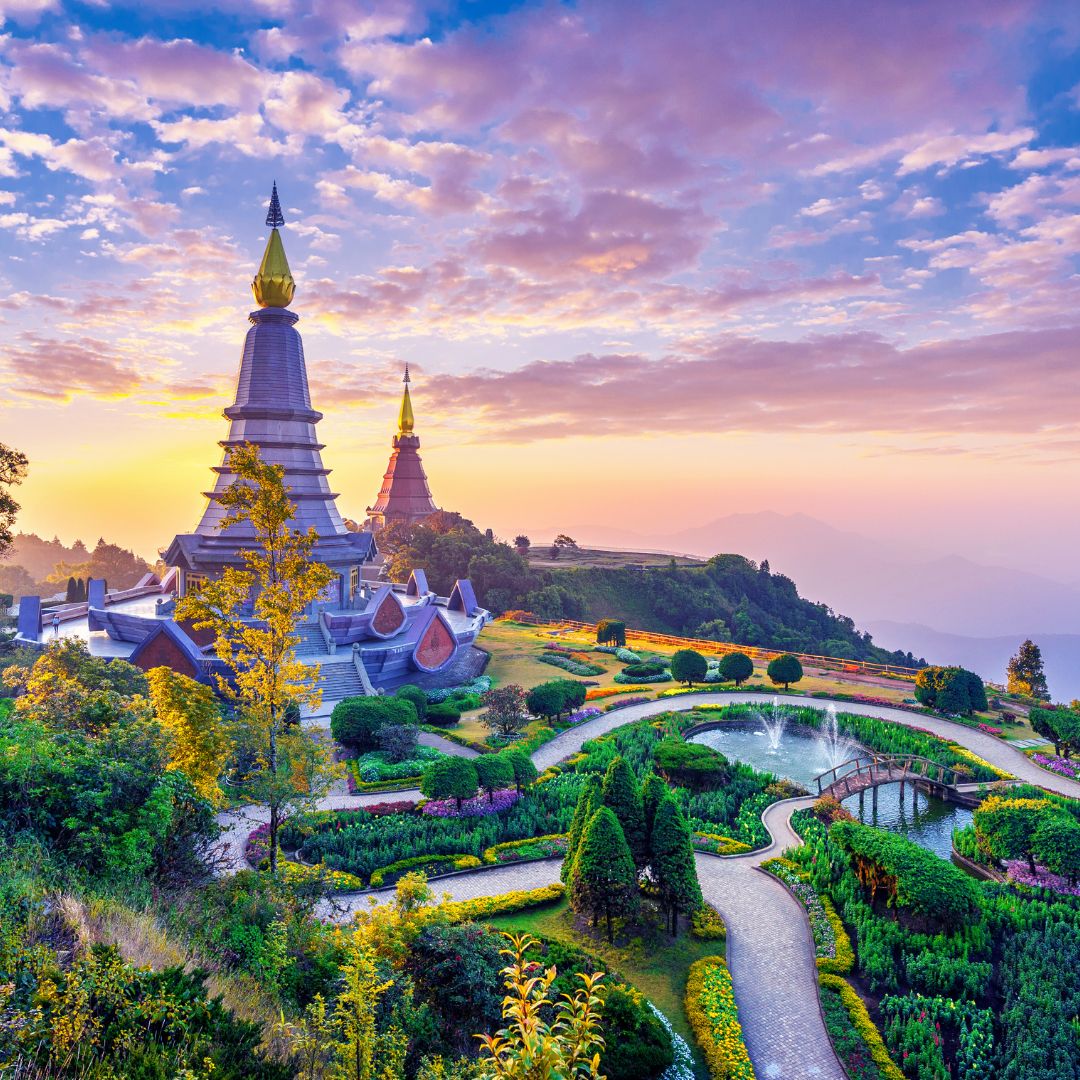 A coastal temple at sunset